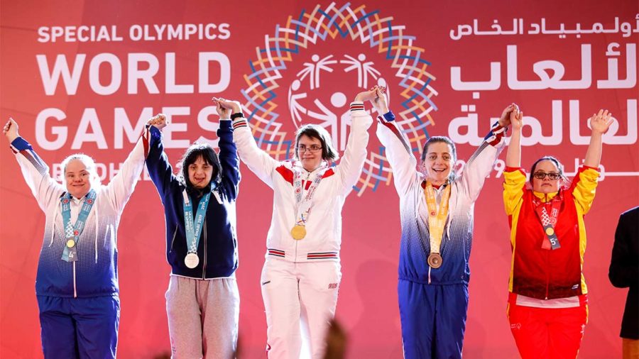 Athletes show their emotions when receiving their medals during declaration ceremony at the Special Olympics World Games in Abu Dhabi National Exhibition Centre. Special Olympics is a worldwide organization which organize sports competitions for people with learning difficulties. Summer World Games take place every 4 years. 7500 athletes from nearly 200 countries compete in 24 Olympic Sport disciplines in Abu Dhabi Games in 2019. (Photo by Dominika Zarzycka/NurPhoto via Getty Images)